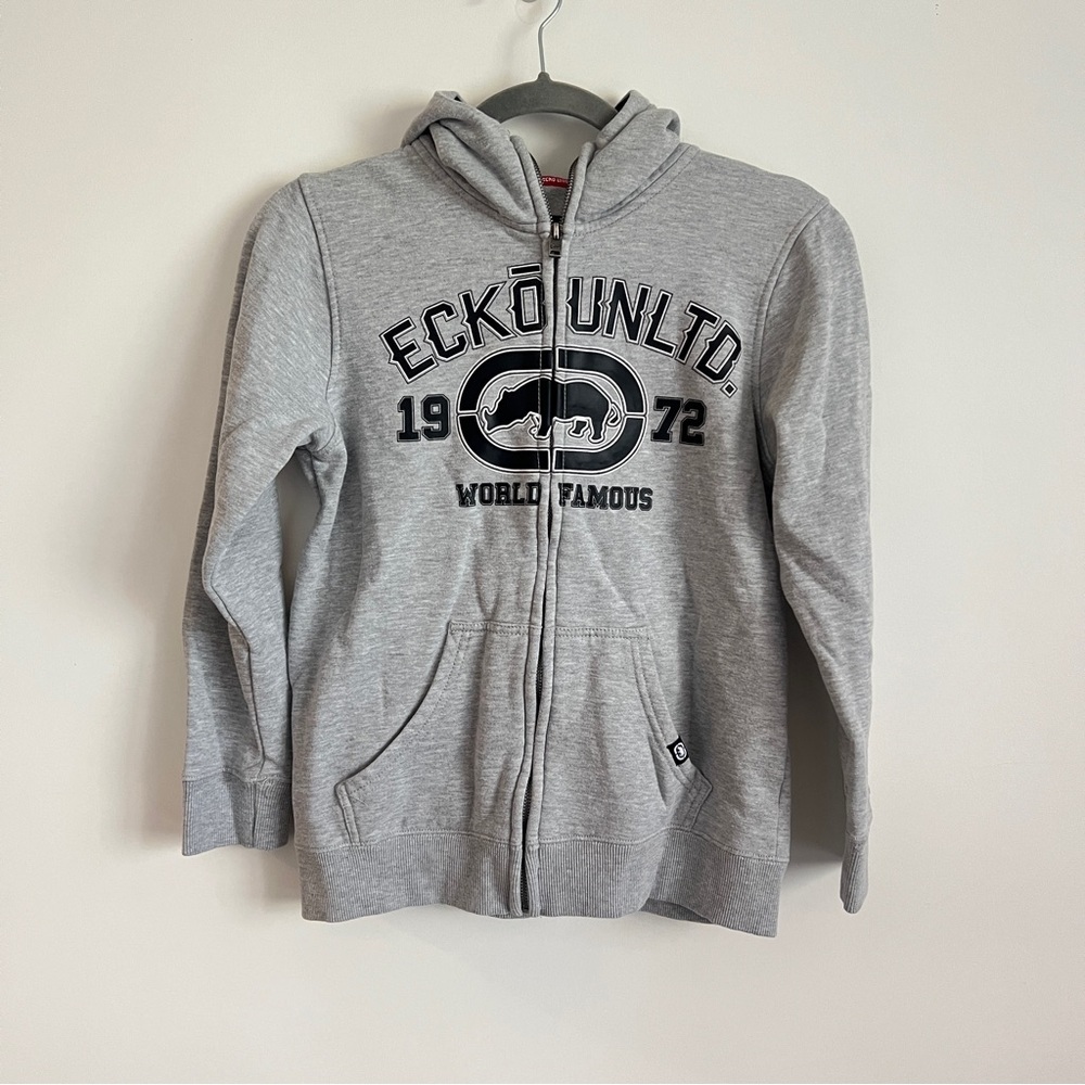 Y2K Ecko Unltd Full Zip Hoodie Gray Rhino Logo Streetwear Boys Size Medium